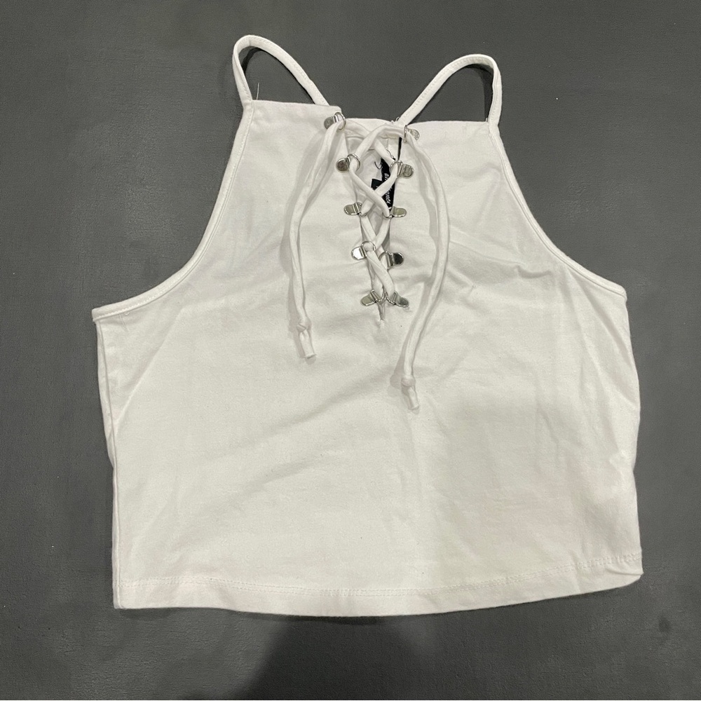 Ambiance White Lace Up Crop Top